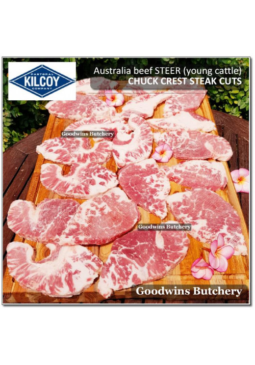 Beef CHUCK CREST Australia STEER (young cattle) frozen KILCOY steak thin schnitzel cuts 3/8" (price/kg 8-10pcs)